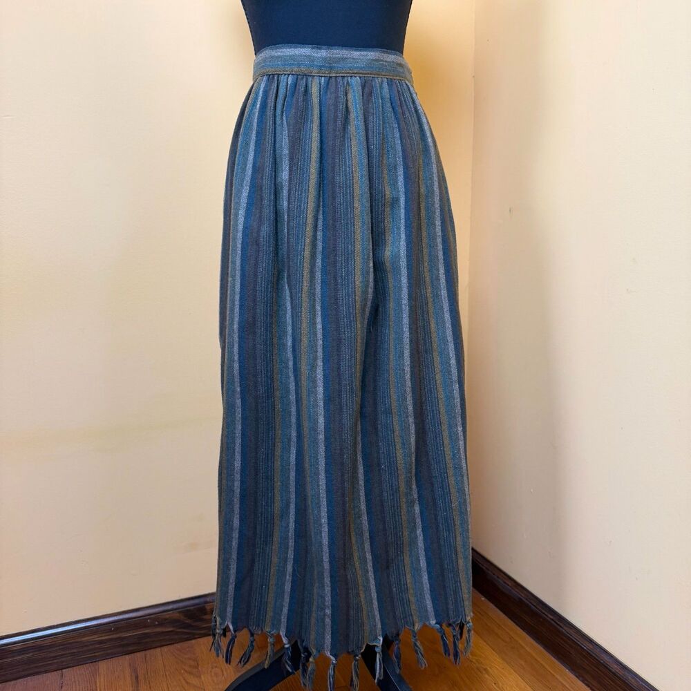VTG 70s Claude Striped Woven Maxi Skirt Fringed Hem Boho Cottagecore Goblincore